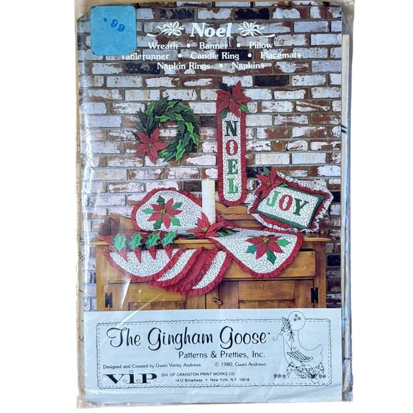 Vtg 1980 The Gingham Goose Noel Christmas Pattern Wreath Banner Pillow Placemats - Picture 2 of 10